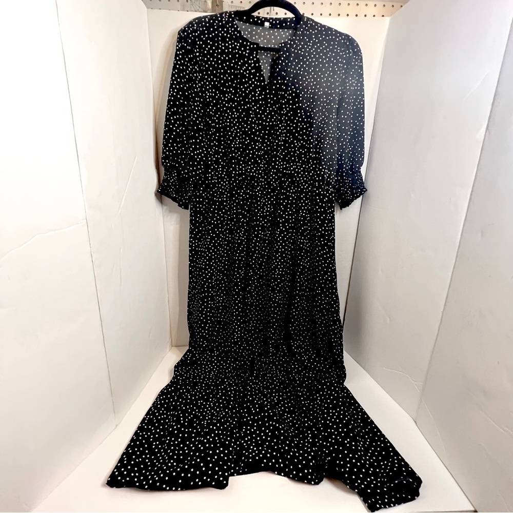 Women’s V-Neck Polka Dot Puff Sleeve Dress, Black & White, Size XL